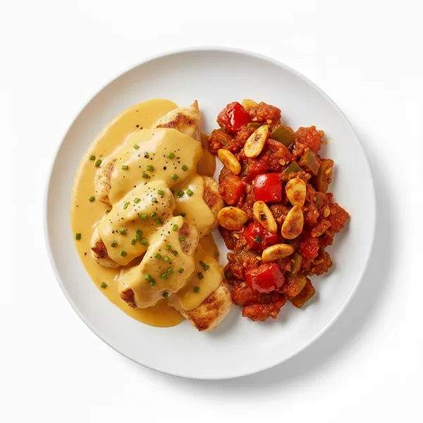 Creamed Cheddar Chicken With Roasted Veggie Romesco